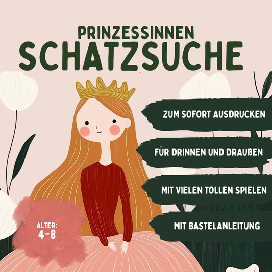 Prinzessinnen Schatzsuche zum Ausdrucken – Sofort-Download, drinnen und draußen, für Alter 4–8