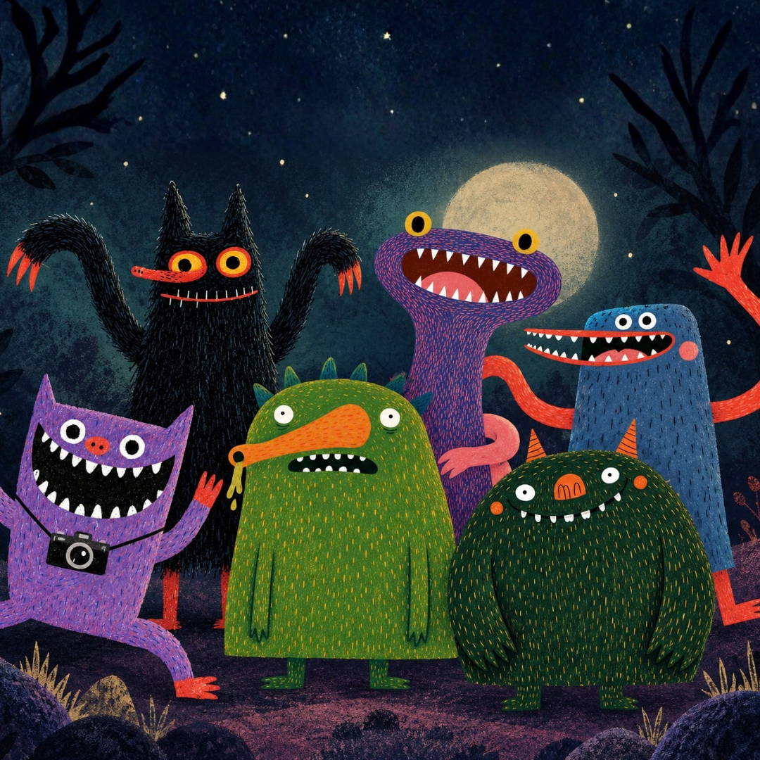 Sechs bunte Monster der SchatzeKinder Halloween Schatzsuche stehen in einem dunklen Wald vor dem Vollmond.