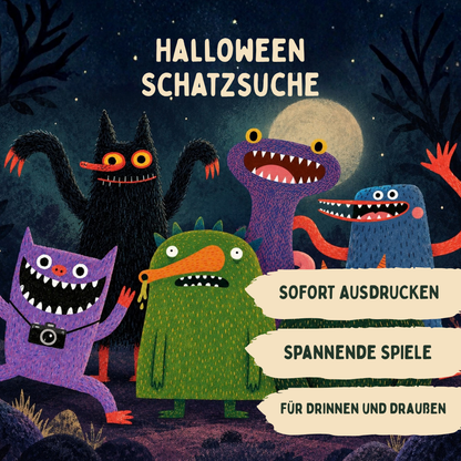 Halloween Schatzsuche mit sechs Monstern. Bildtext: Sofort ausdrucken, spannende Spiele, für drinnen und draußen.