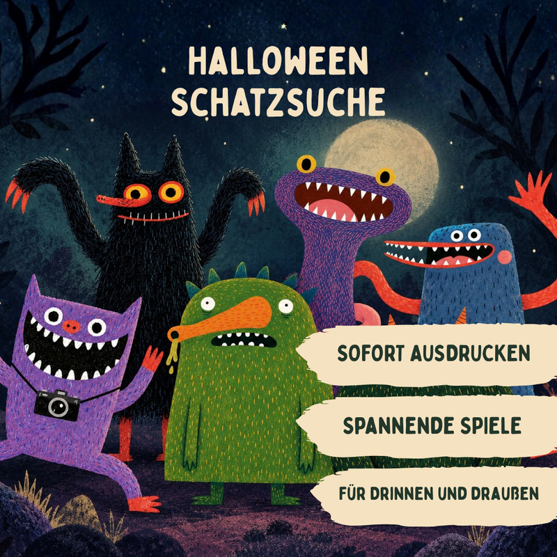 Halloween Schatzsuche mit sechs Monstern. Bildtext: Sofort ausdrucken, spannende Spiele, für drinnen und draußen.