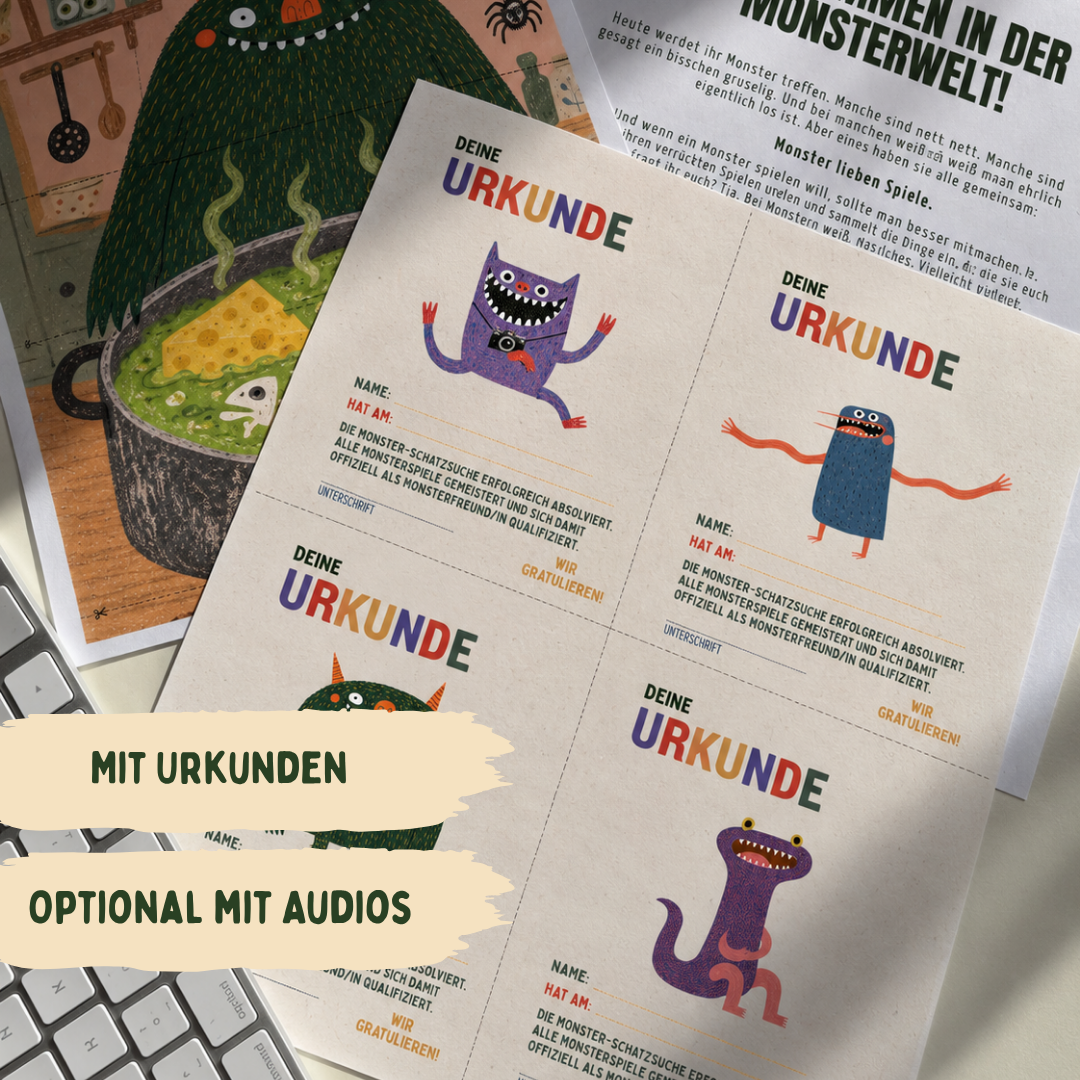 Gedruckte Monster-Urkunden, Puzzle und Begrüßungsbrief auf einem Laptop. Bildtext: Mit Urkunden, optional mit Audios.