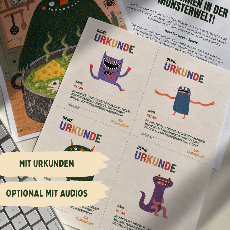 Gedruckte Monster-Urkunden, Puzzle und Begrüßungsbrief auf einem Laptop. Bildtext: Mit Urkunden, optional mit Audios.