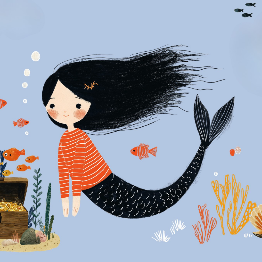 Meerjungfrau Schatzsuche Kindergeburtstag – Illustration Mira Meeresglanz mit Schatzkiste unter Wasser
