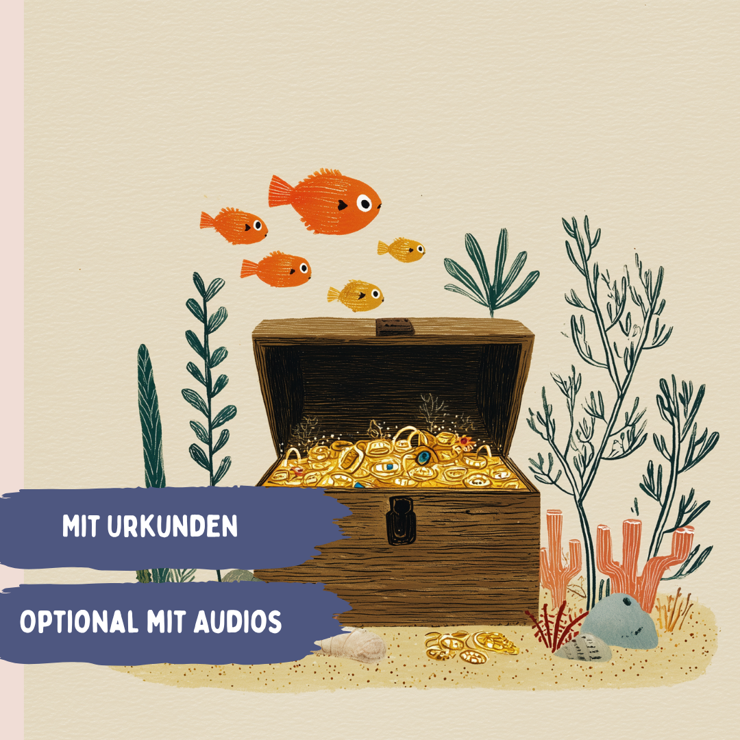 Meerjungfrau Schatzsuche PDF mit Urkunden und optionalen Audiodateien – Kindergeburtstag Druckvorlage