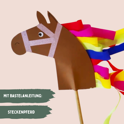  Pferde Schatzsuche Bastelanleitung – fertiges buntes Steckenpferd zum Kindergeburtstag