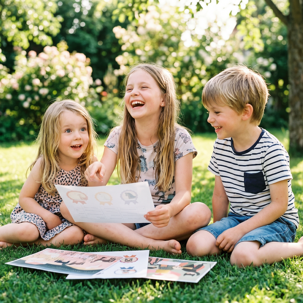 Kinder sitzen im Garten und lesen Urkunden aus der Pferde Schatzsuche – Kindergeburtstag Druckvorlage
