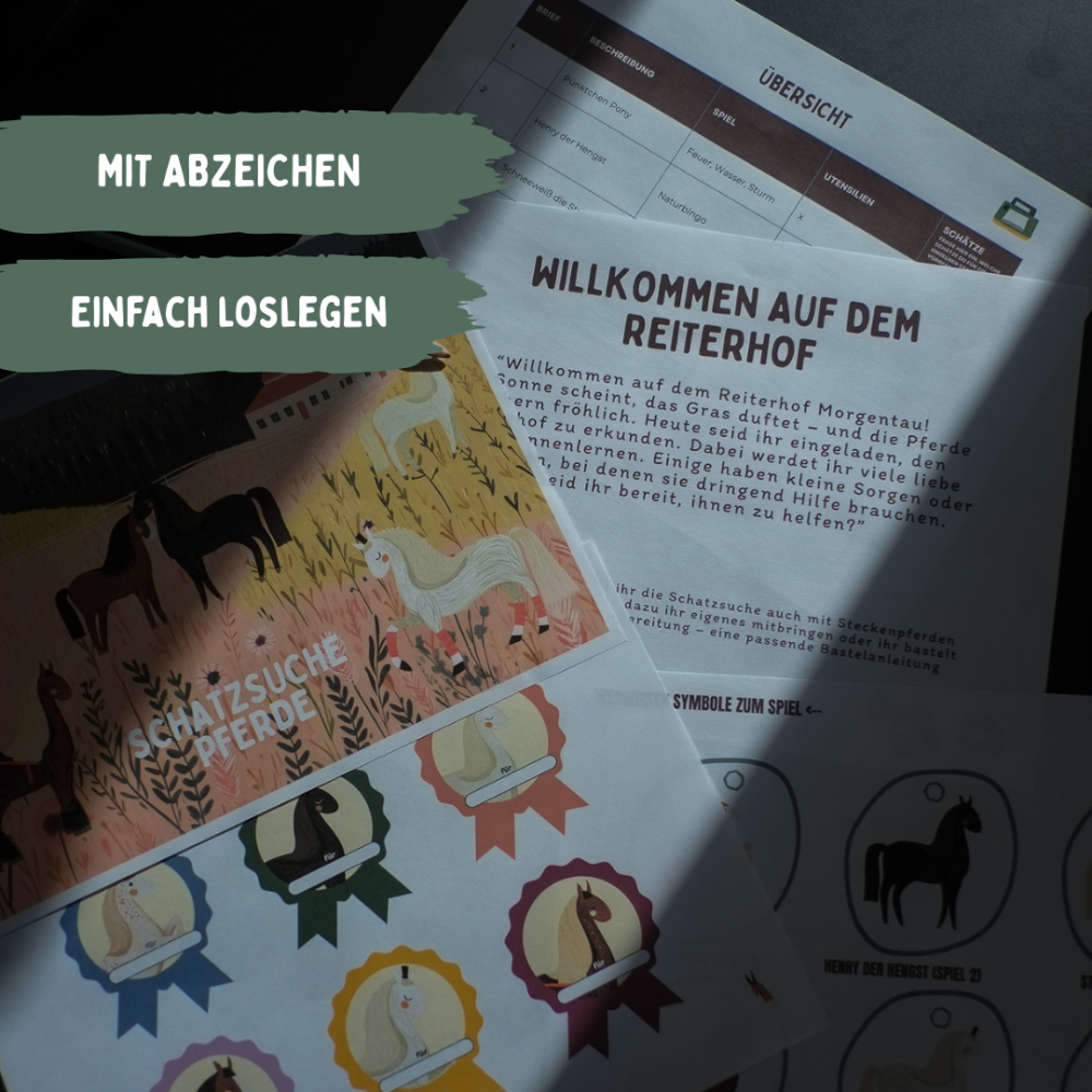 Pferde Schatzsuche PDF Inhalt – Urkunden, Abzeichen und Spielanleitungen vom Reiterhof Morgentau