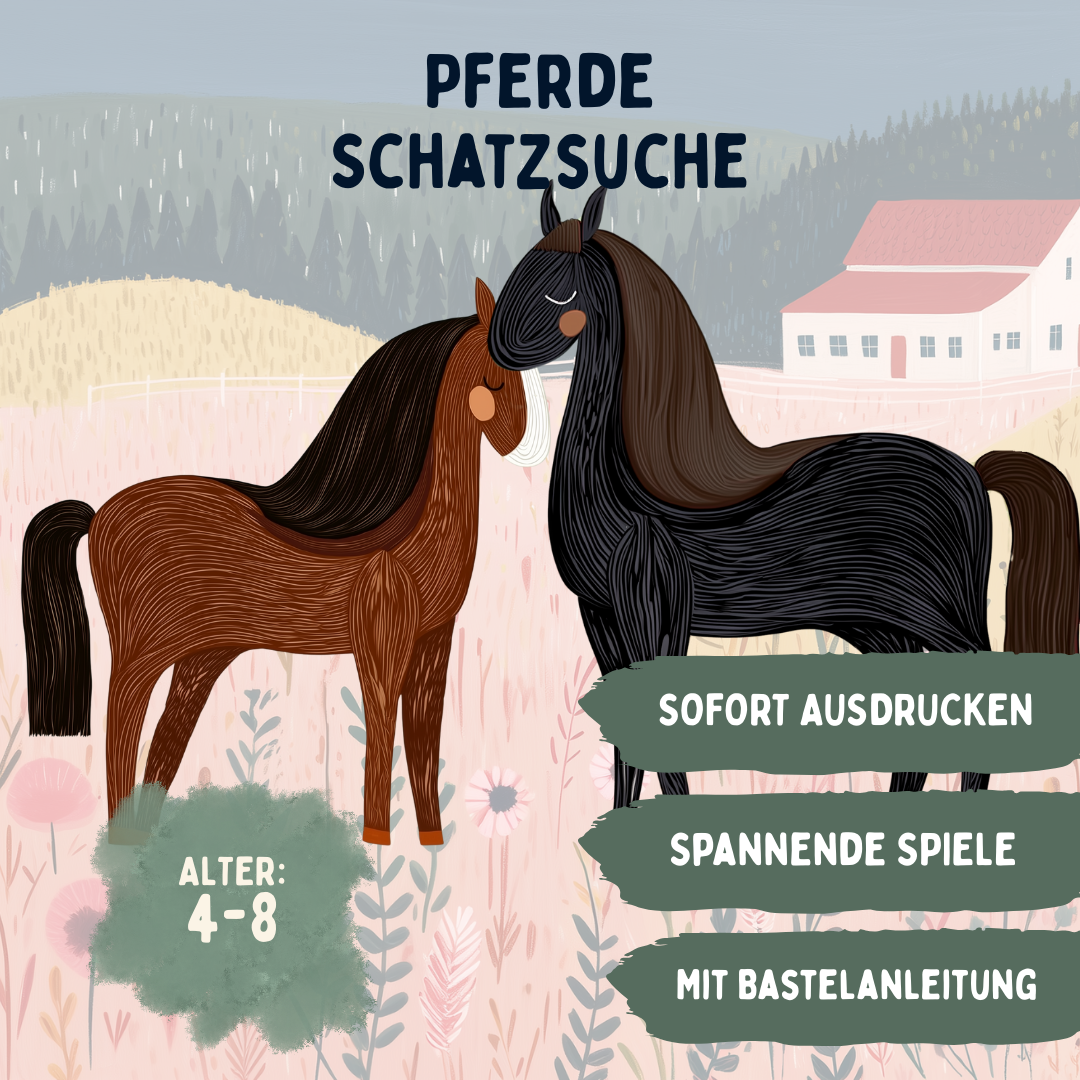 Pferde Schatzsuche zum Ausdrucken – Sofort-Download PDF mit Abzeichen, für Alter 4–8