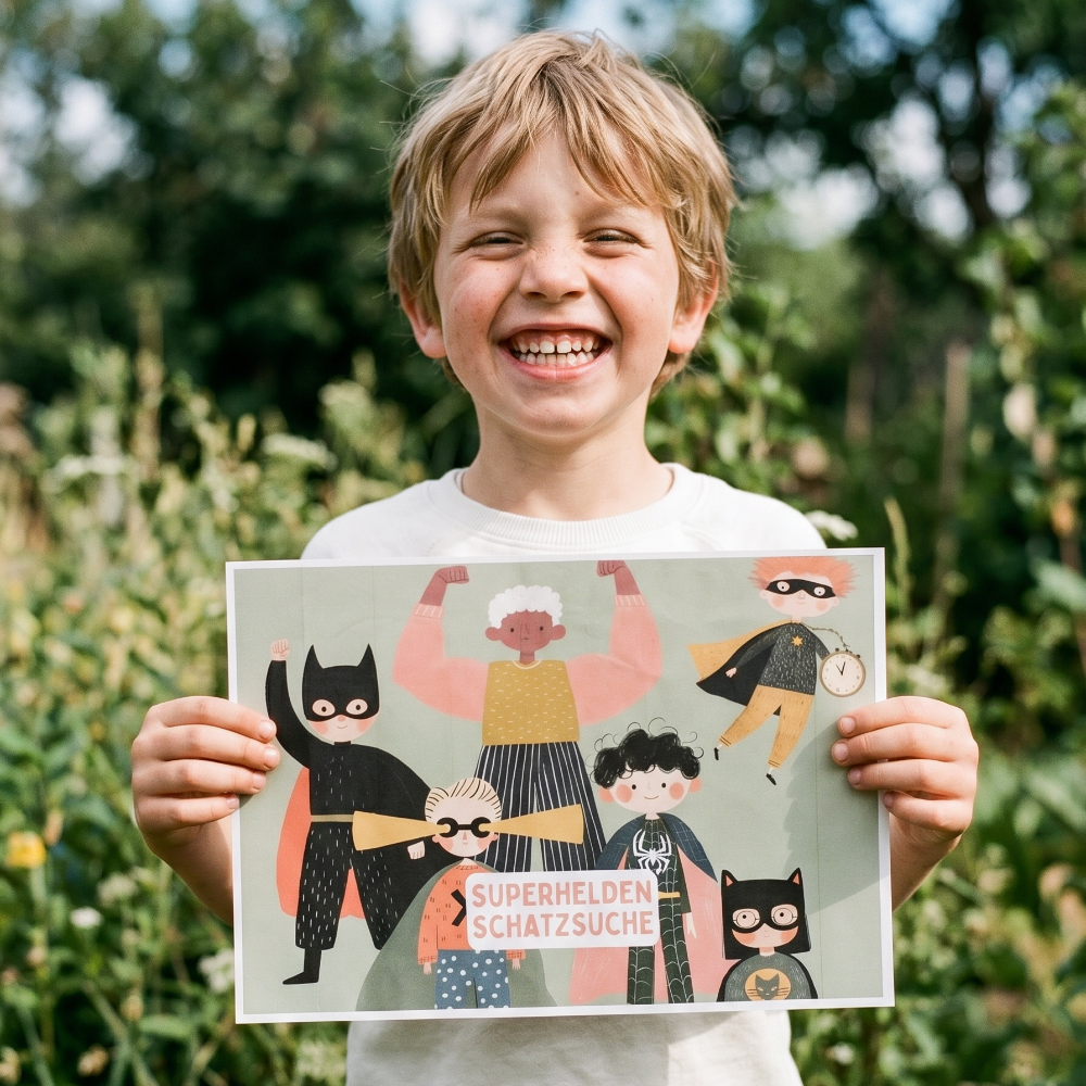 Kinder sitzen im Garten und lesen Urkunden aus der Pferde Schatzsuche – Kindergeburtstag Druckvorlage